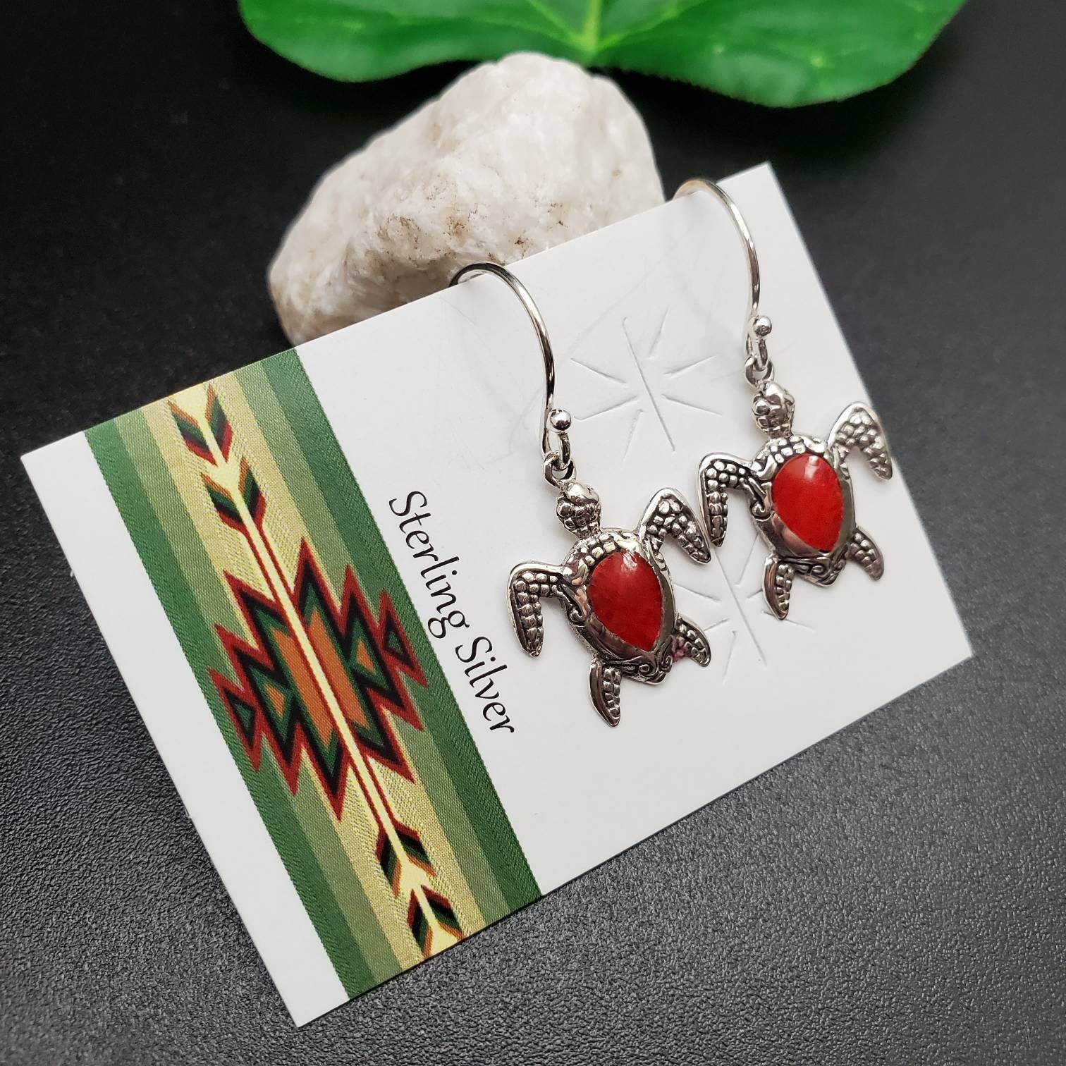 Sea Turtle Inlay AS#31 | Red Coral Inlay Sea Turtle Dangle Earrings | Sterling Silver ...