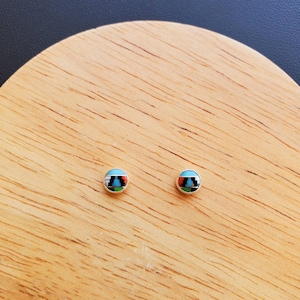 Puede incluir: Un par de pequeños pendientes redondos de plata con un diseño geométrico colorido. Los pendientes están hechos de turquesa, coral y piedras negras.