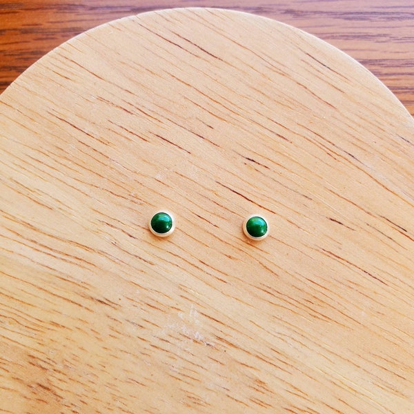 4mm Tiny Green Earrings | Small Sterling Silver Malachite Post Earrings | Dainty Green Stud Earrings | Green Malachite Jewelry | Small Dot