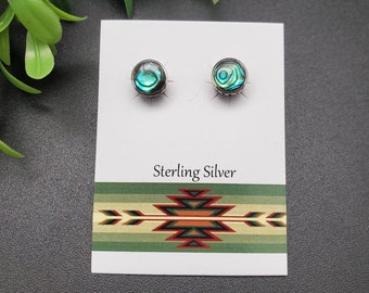 GAJA#01 | 7mm-8mm Abalone Inlay Stud Earrings | Sterling Silver Abalone Shell Earrings | Abalone Posts | Silver Posts | Abalone Inlay Posts