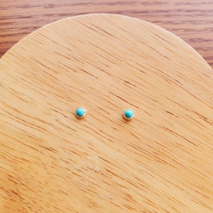 May include: A pair of small, round turquoise stud earrings with silver settings.