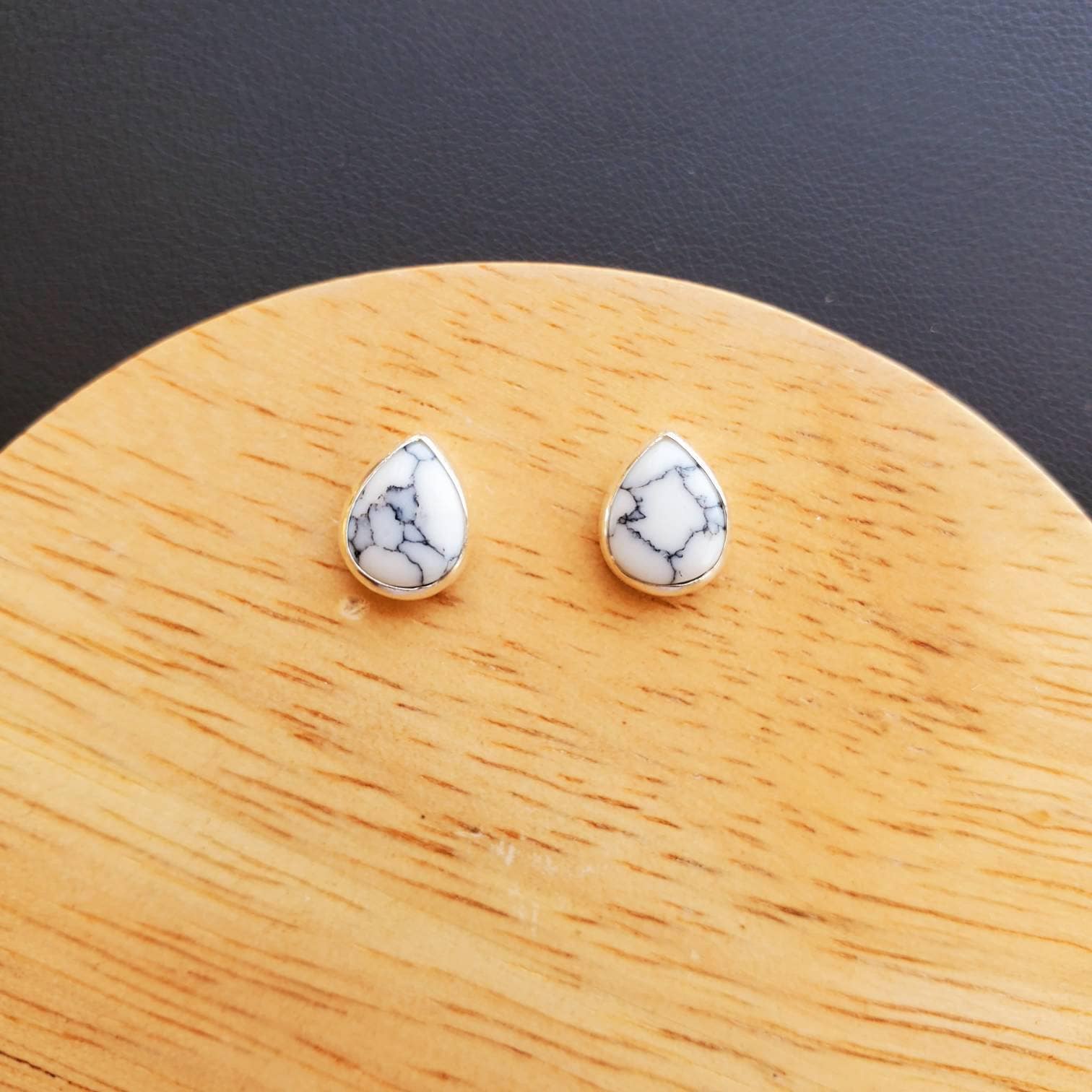 White Buffalo Stone Stud Earrings | White Turquoise Post Earrings | Turquoise Teardrop Studs | Turquoise Southwest Jewelry | Small Studs