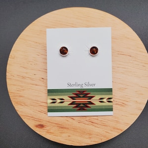 May include: A pair of sterling silver stud earrings with amber stones. The earrings are displayed on a white card with a green, red, and brown patterned border. The card reads "Sterling Silver".