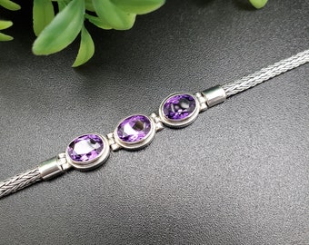 BC#168 | Sterling Silver Chain Purple Amethyst Bracelet 7 to 8 Inches | Balinese Amethyst Chain Bracelet | Purple Amethyst Filigree Bracelet