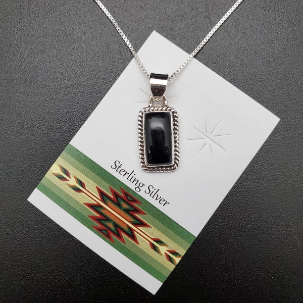 SV #11 | 6x12mm Rectangle Black Onyx Pendant With Silver Chain Necklace | Sterling Silver Black Onyx Pendant Necklace | Southwest Pendant