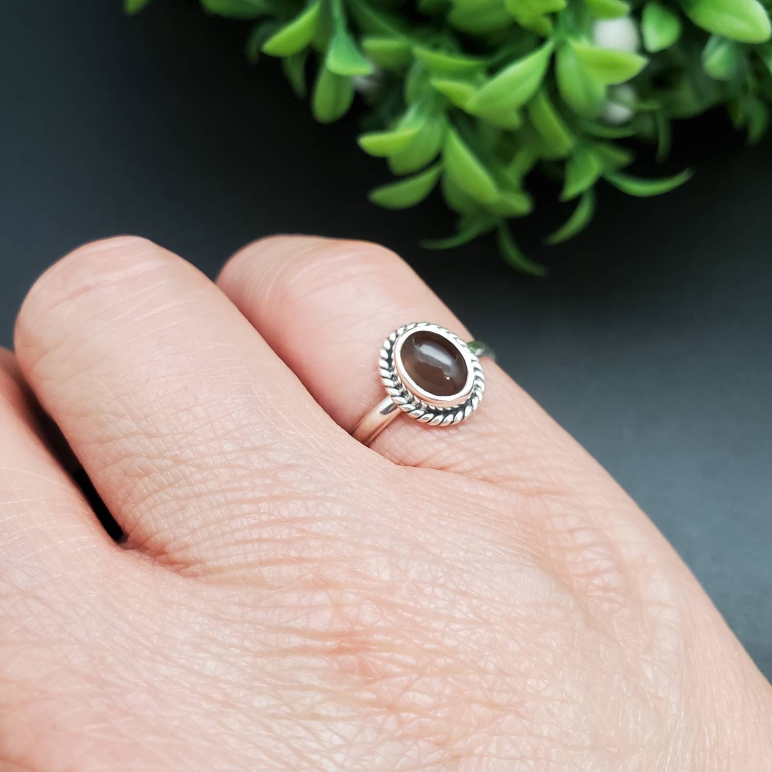 R-10376 | Small Oval Smokey Quartz Ring | Sterling Silver