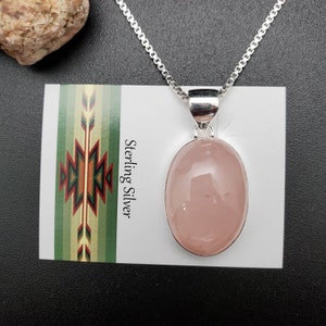 SV #A167 | Light Pink Rose Quartz Necklace Pendant With Silver Chain Necklace | Sterling Silver Rose Quartz Pendant Necklace | Healing Stone