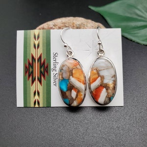 SV #A129 | Simple Spiny Oyster Turquoise Earrings | Sterling Silver Turquoise Spiny Oyster Dangle Earrings | Multicolor Earrings Gifts Ideas