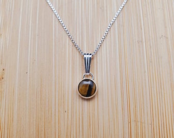 Sterling Silver 6mm Tigereye Necklace Pendant With Silver Chain Necklace | Simple Tiger Eye Necklace | Tiny Tigereye Necklace Made in USA