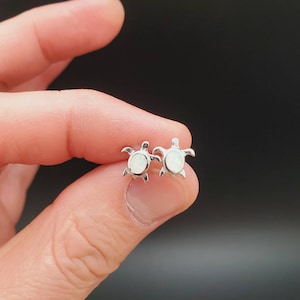 Dainty Opal Inlay Turtle Post Earrings | Sterling Silver White Opal Stud Earrings | Small Opal Inlay Studs | Opal Silver Turtle Posts l 925