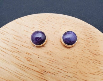 8mm Charoite Stud Earrings | Charoite Post Earrings | Sterling Silver Posts | Silver Charoite Jewelry | Dainty Purple Studs | Purple Stone