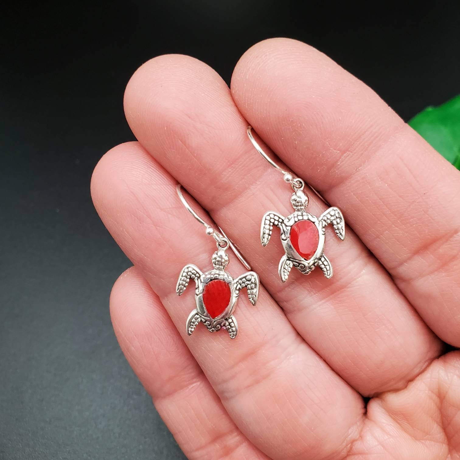Sea Turtle Inlay AS#31 | Red Coral Inlay Sea Turtle Dangle Earrings | Sterling Silver ...
