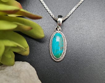 UF-118 | Dainty Small 7x14mm Long Oval Turquoise Pendant With Silver Chain Necklace | Sterling Silver Lovely Blue Turquoise Pendant Necklace