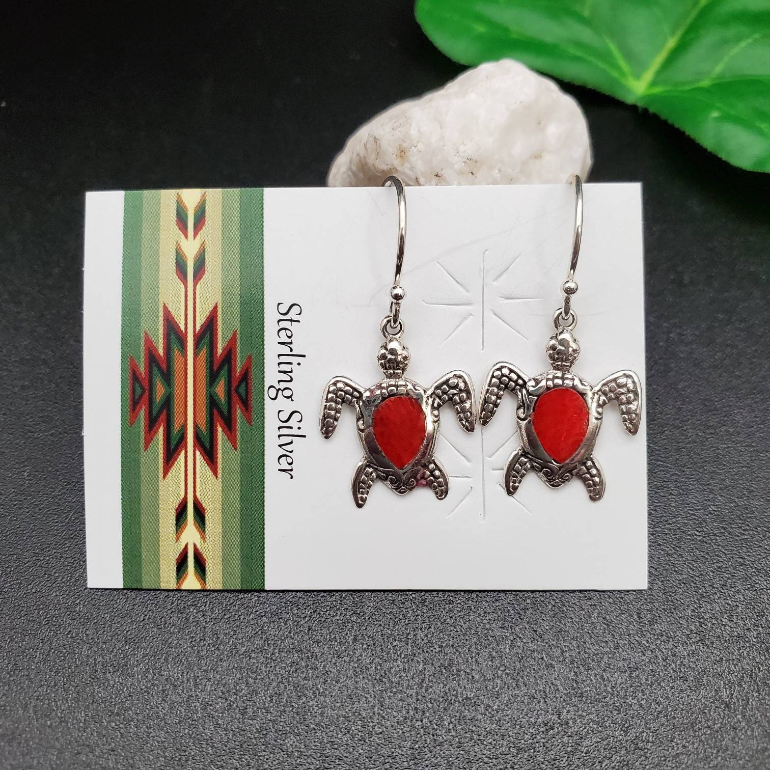 Sea Turtle Inlay AS#31 | Red Coral Inlay Sea Turtle Dangle Earrings | Sterling Silver ...