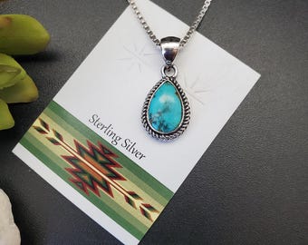 UF-120 | 8x12mm Turquoise Teardrop Pendant With Silver Chain Necklace | Sterling Silver Turquoise Pendant Necklace | Southwest Necklace