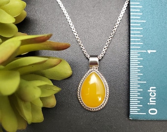 UF-191 | Dainty Sterling Silver Yellow Agate Teardrop Pendant With Silver Chain Necklace | Handmade Agate Necklace | Yellow Agate Pendant