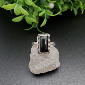 R-10377 | Rectangle Black Onyx Ring | Sterling Silver Twist Wire Black Stone Ring | Dainty Silver Black Rectangle Ring | Free Ship From USA