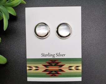 AS#01 | 10mm White Mother of Pearl Stud Earrings | Pearl Post Earrings | Sterling Silver White Shell Posts | Silver White Shell Inlay Studs