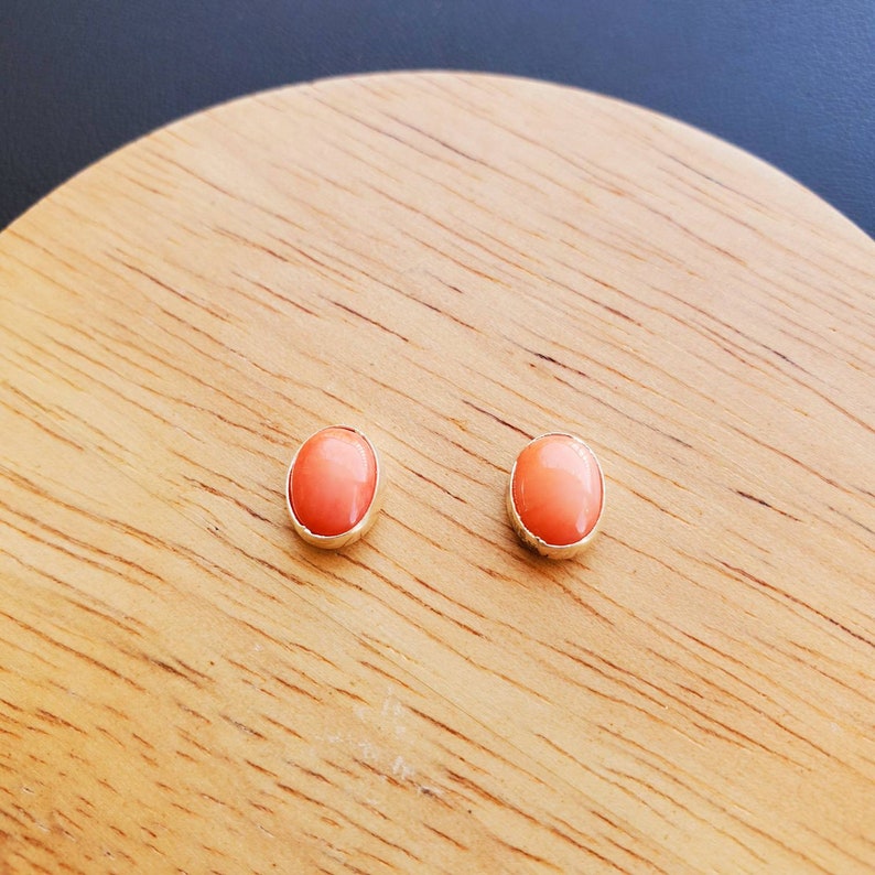 Oval Pink Coral Stud Earrings Pink Jewelry Sterling Silver Pink Coral Post Earrings Oval Studs Silver Coral Studs Everyday Earring image 1