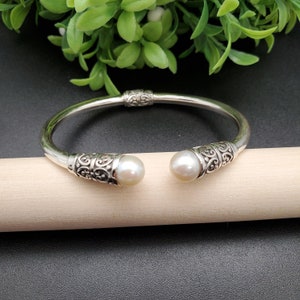 BC#132 | Bali Cuff Bracelet | 925 Sterling Silver White Mother of Pearl Filigree Blooming Bali Garden Cuff Bracelet | White Pearl Beads Cuff