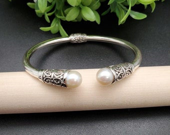 BC#132 | Bali Cuff Bracelet | 925 Sterling Silver White Mother of Pearl Filigree Blooming Bali Garden Cuff Bracelet | White Pearl Beads Cuff