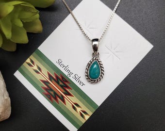 UF-185 | Tiny Teardrop Turquoise Pendant Options With Silver Chain Necklace | Sterling Silver Arizona Turquoise Pendant | Dainty Teardrop