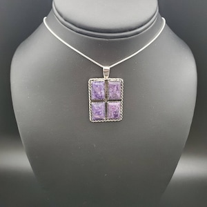 Dainty Sterling Silver Charoite Necklace Pendant With Silver Chain Necklace 18&quot; | Purple Charoite Pendant | Rectangle Charoite Necklace