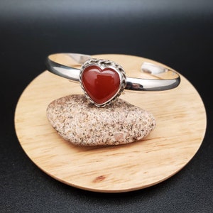 Dainty Carnelian Heart Shape Bangle Bracelet | Carnelian Cuff Bracelet | Sterling Silver Red Carnelian Bracelet Cuff | Carnelian Jewelry