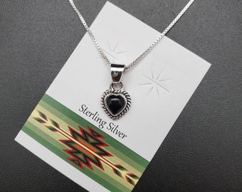 SV #32 | 6mm Heart Shape Black Onyx Pendant With Silver Chain Necklace | Sterling Silver Black Stone Heart Pendant Necklace | Lovely Heart
