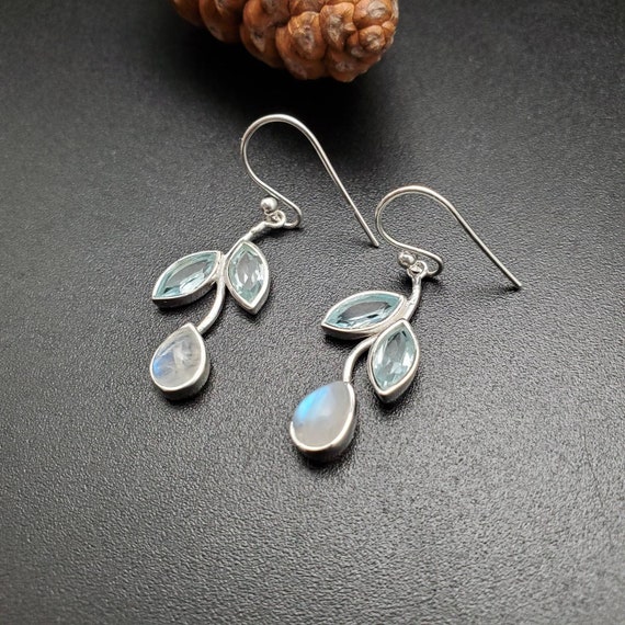 Rainbow Moonstone Earrings with Blue Topaz Sterling Silver Dangle Rainbow Moonstone Earrings with Blue Topaz Sterling Silver Dangle