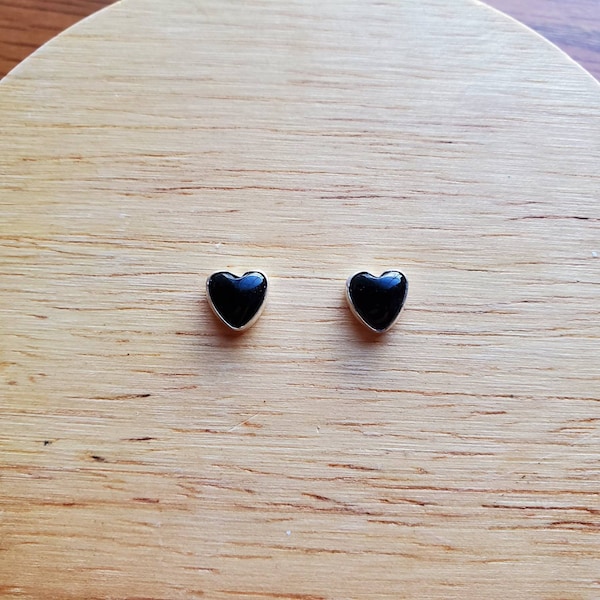 Lovely Black Onyx Heart Post Earrings | Dainty Black Earring Studs | Simple Black Studs | Sterling Silver Black Onyx Jewelry | Everyday Wear