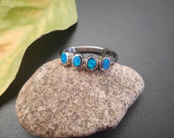 Ring #R28 Dainty Blue Opal Inlay Ring Size 4 to 10 | 4 Stones Ring | Small Blue Opal Ring | Simple Inlay Ring | Sterling Silver Opal Ring