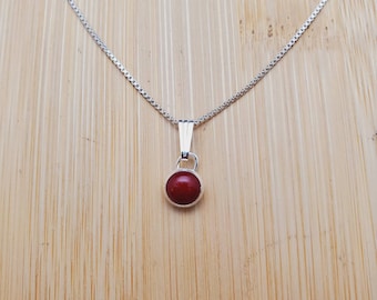 Sterling Silver 6mm Red Coral Necklace Pendant With Silver Box Chain Necklace | Simple Red Stone Necklace | Tiny Stone Necklace Made in USA
