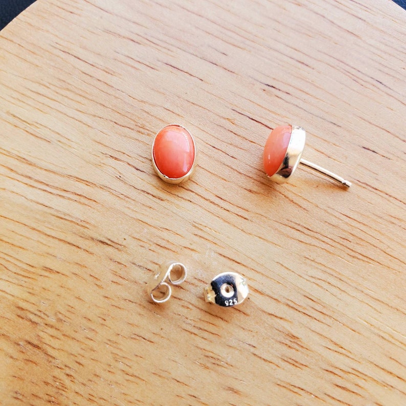 Oval Pink Coral Stud Earrings Pink Jewelry Sterling Silver Pink Coral Post Earrings Oval Studs Silver Coral Studs Everyday Earring image 2