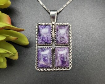 UF-101 | Big Square Charoite Necklace Pendant Options With Silver Chain Necklace | Sterling Silver Purple Charoite Southwest Pendant