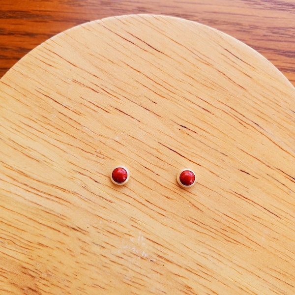 4mm Tiny Red Coral Stud Earrings | Small Sterling Silver Red Coral Post Earrings | Dainty Red Studs | Silver Coral Jewelry | Everyday Wear