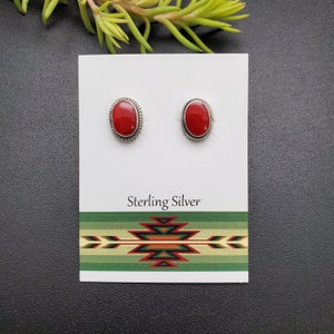 GAJA#15 | Dainty Red Coral Oval Studs | Sterling Silver Coral Posts | Small Red Stone Inlay Studs | Simple Oval Red Coral Stud Earrings