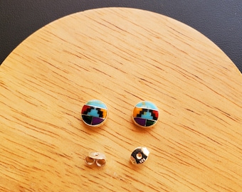 8mm Inlay Multicolor Stud Earrings | Colorful Inlay Post Earrings | Sterling Silver Posts | Multicolor Post Earrings | Small Inlay Studs