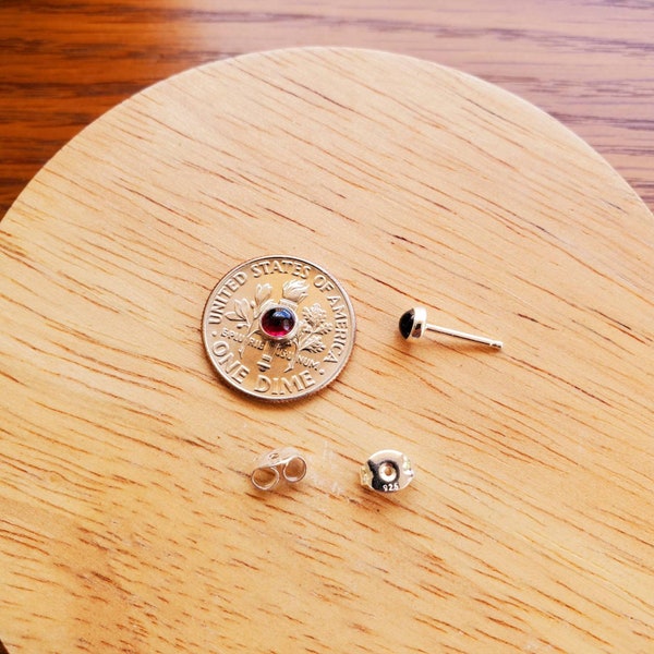 4mm Tiny Red Garnet Stud Earrings | Sterling Silver Red Garnet Post Earrings | Red Gemstone Earrings | Silver Garnet Jewelry | Everyday Wear