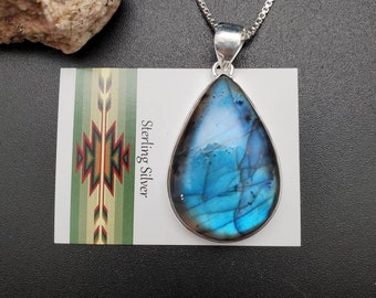 UF-053 | Big Unique Labradorite Pendant With Silver Chain Necklace | Sterling Silver Labradorite Pendant | Gemstone Necklace | Healing Stone