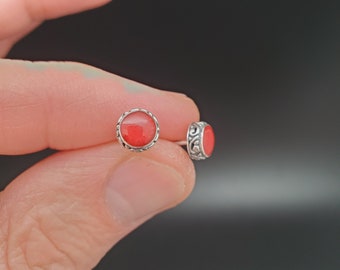 GAJA#13 | 6-7mm Dainty Red Coral Stud Earrings | Sterling Silver Coral Posts | Small Red Stone Inlay Studs | Simple Red Coral Studs