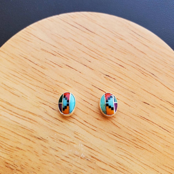 Southwestern Inlay Stud Earrings | Small Inlay Studs | Multicolor Stud Earrings | Inlay Earrings | Sterling Silver Colorful Inlay Jewelry