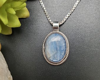UF-186 | Oval Blue Kyanite Pendant Options With Silver Chain | Sterling Silver Kyanite Pendant | Southwest Kyanite Boho Pendant Gift For Her