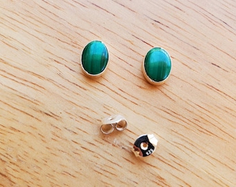 Oval Malachite Post Earrings | Malachite Stud Earrings | Sterling Silver Post Earrings | Small Oval Malachite Studs | Dainty Green Earrings