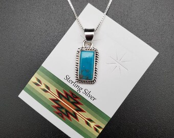 SV #09 | 6x12mm Rectangle Turquoise Pendant With Silver Chain Necklace | Sterling Silver Blue Turquoise Pendant Necklace | Southwest Pendant