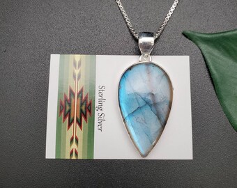 UF-049 | Big Unique Labradorite Pendant With Silver Chain Necklace | Sterling Silver Labradorite Pendant | Gemstone Necklace | Gift For Her