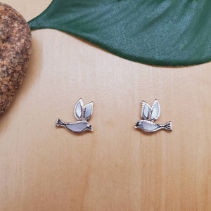 AS#12 | Dainty White Mother of Pearl Inlay Pigeon Stud Earrings | Pigeon Post Earrings | Sterling Silver White Shell Inlay Bird Jewelry