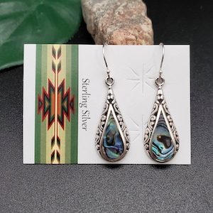 AS#23 | Long Teardrop Abalone Inlay Dangle Earrings | Sterling Silver Abalone Shell Inlay Earrings | Big Abalone Shell Southwest Earrings