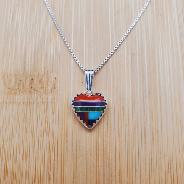 Sterling Silver 10mm  Heart Multicolor Inlay Necklace Pendant With Silver Chain Necklace | Simple Multicolor Necklace | Southwest Necklace