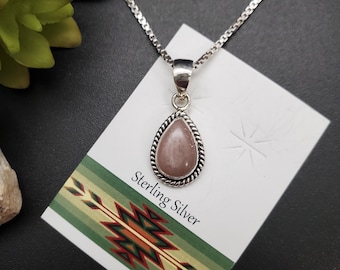 UF-187 | Dainty Sterling Silver Peach Moonstone Teardrop Pendant With Silver Chain Necklace | Moonstone Necklace | Small Moonstone Pendant